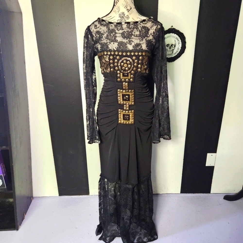 bebe Black and Gold Long Sleeve Lace Dress